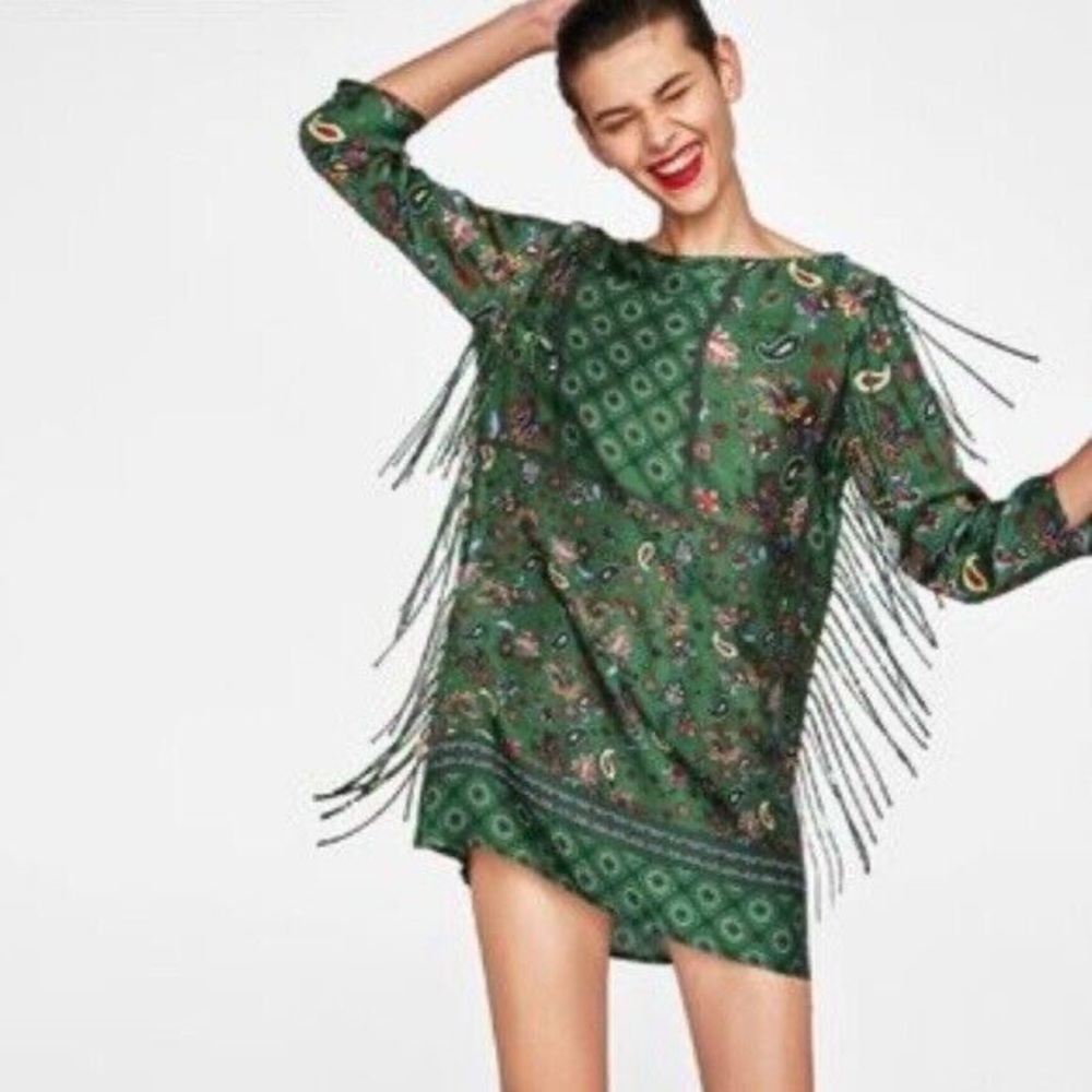 Zara Woman XS Boho Green Paisley Satin Tunic Dress with Fringes